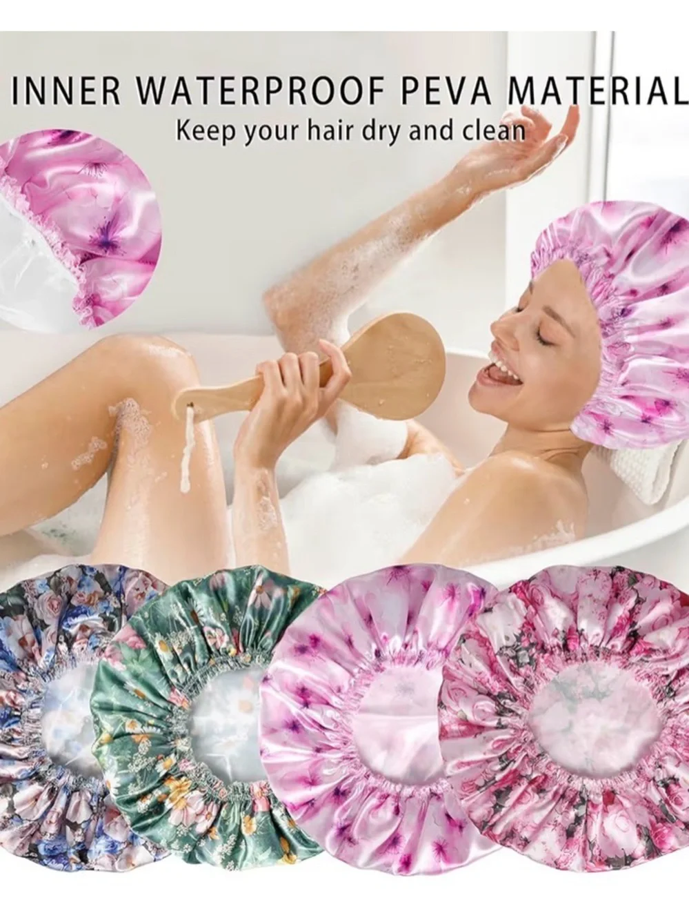 Kids Floral Pink Waterproof Shower Cap - Reusable Bath Hair Bonnet